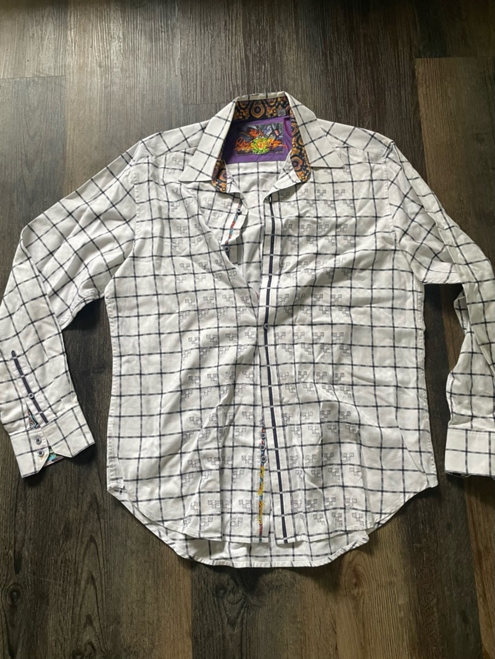 Robert Graham White Windowpane Button-Down Shirt with Purple Contrast Collar